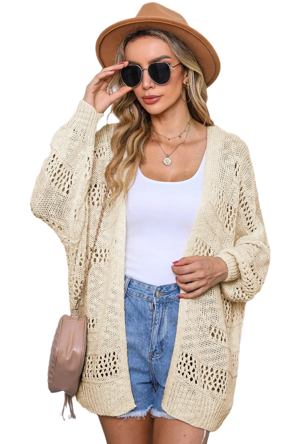 Apricot Casual Hollowed Knit Dolman Sleeve Cardigan