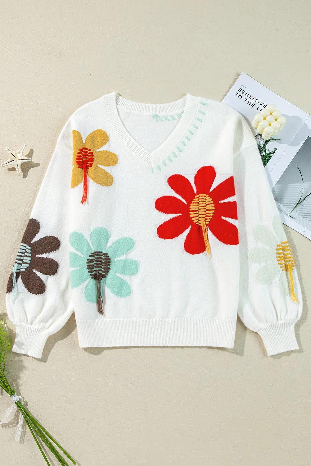 Big Flower Pattern V Neck Sweater