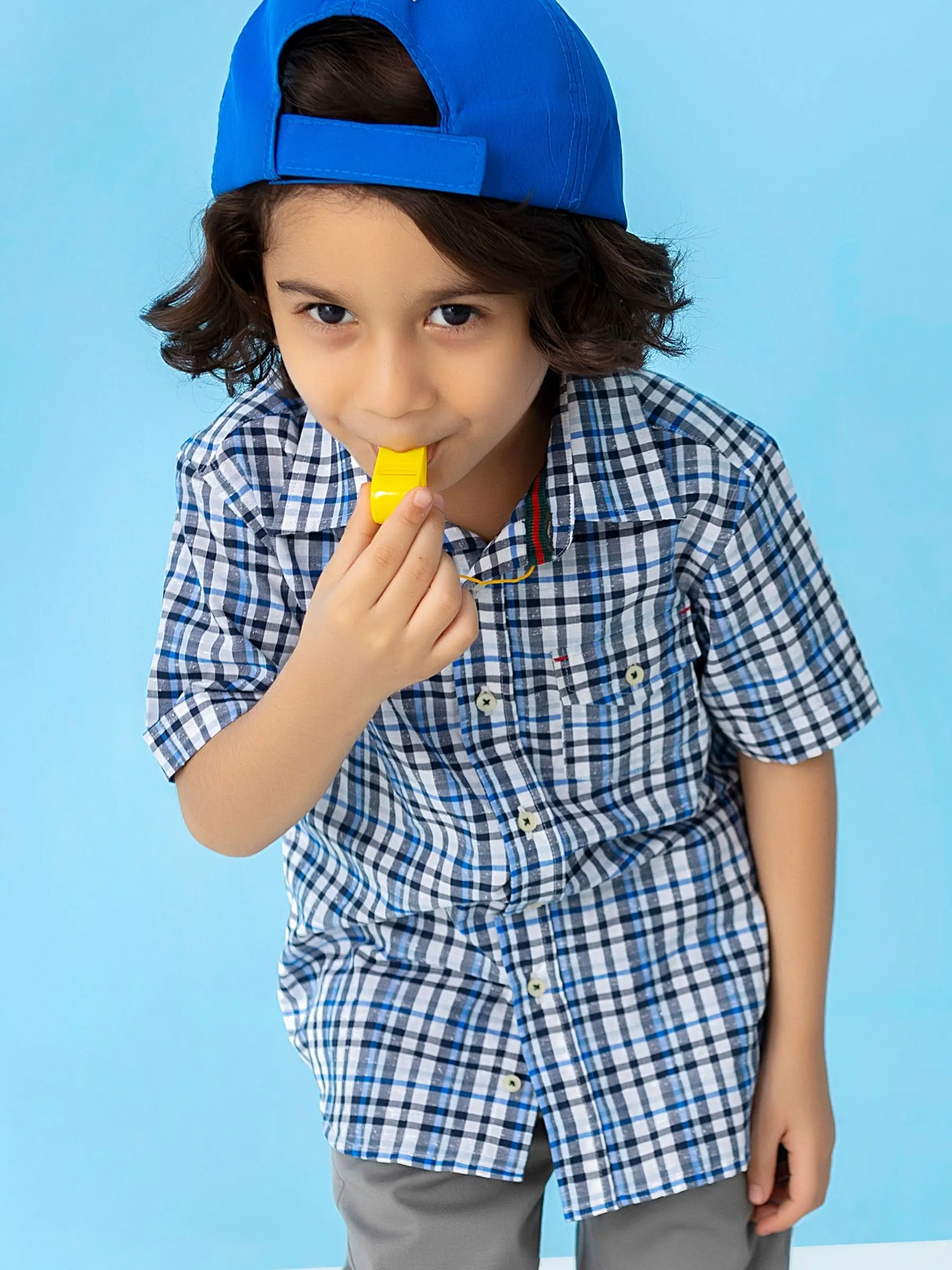 Blue Neppy Checkered Short Sleeve Casual Shirt