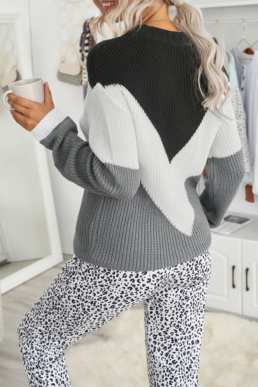 Chevron Accent White Gray Sweater