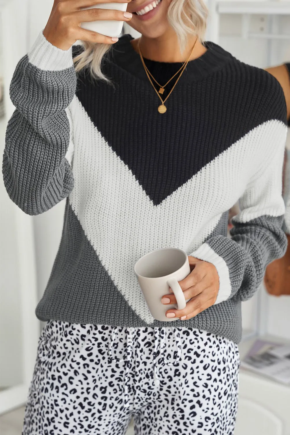 Chevron Accent White Gray Sweater