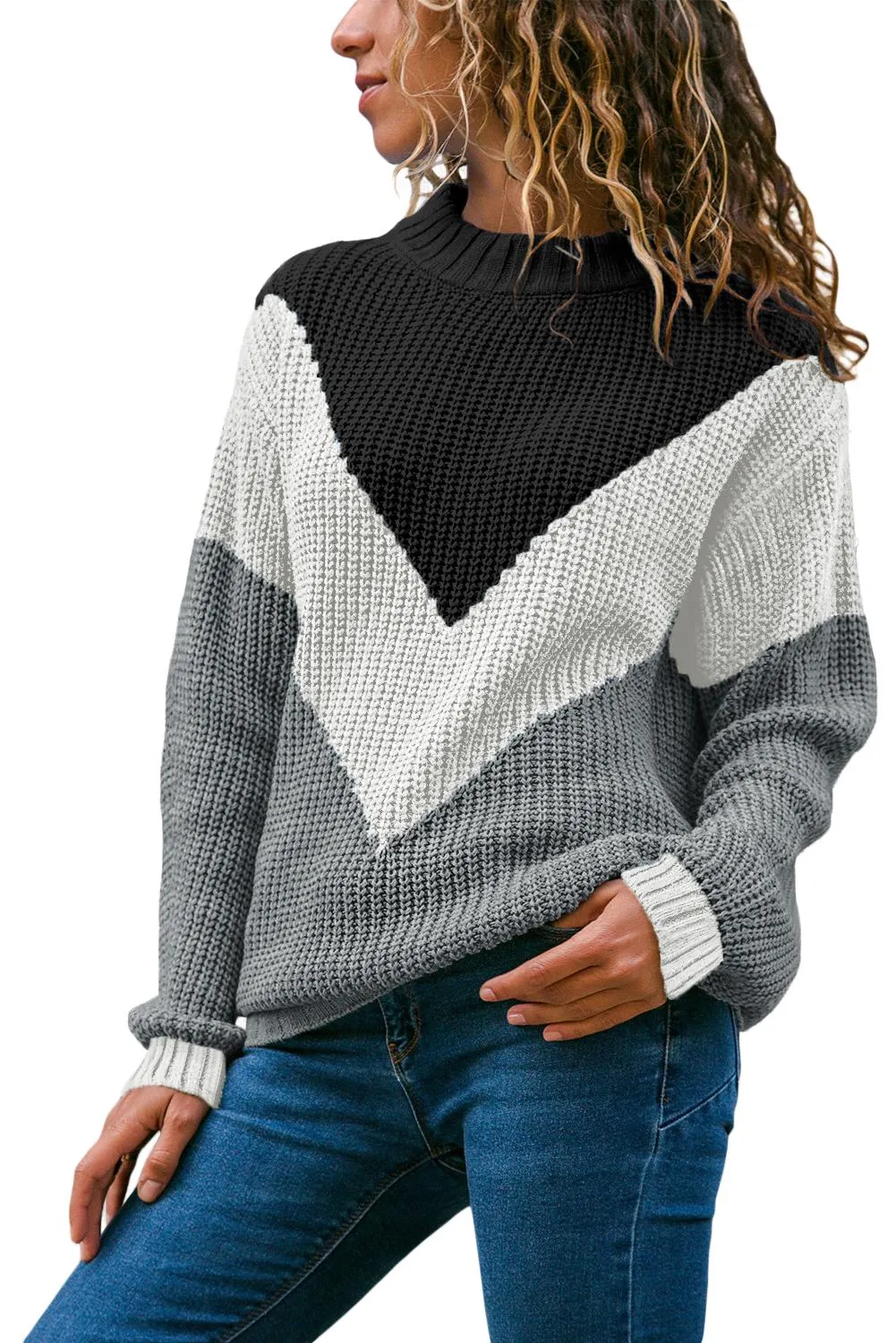 Chevron Accent White Gray Sweater