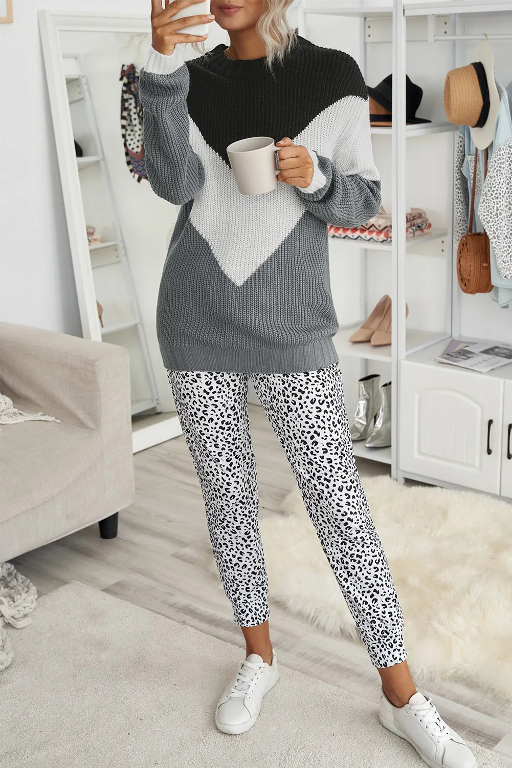 Chevron Accent White Gray Sweater