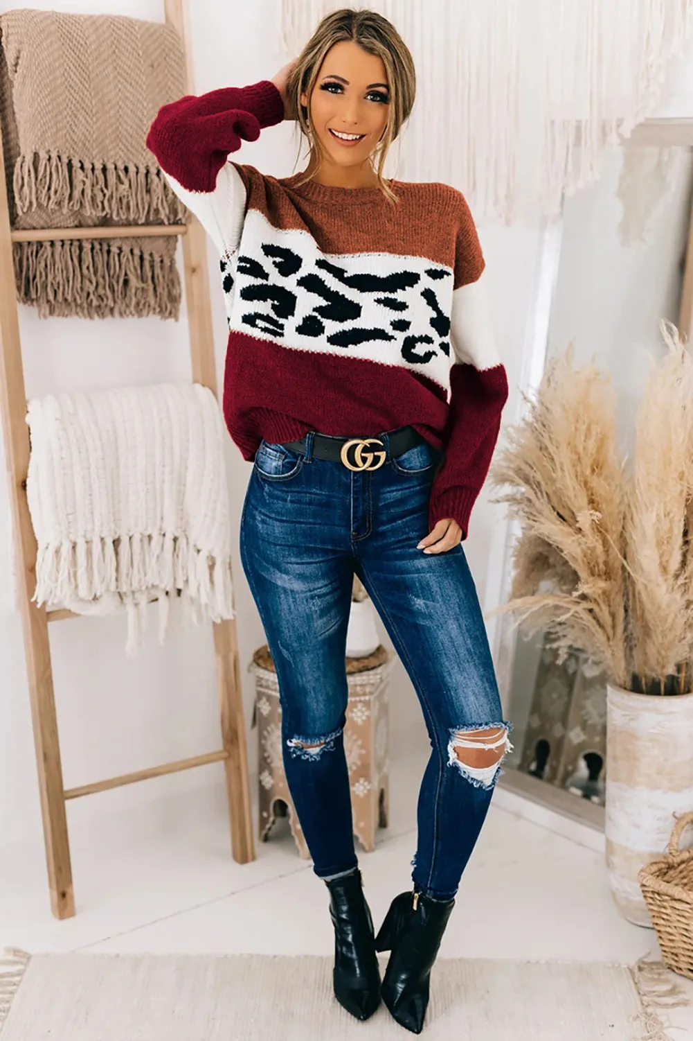 Color Block Leopard Splicing Sweater