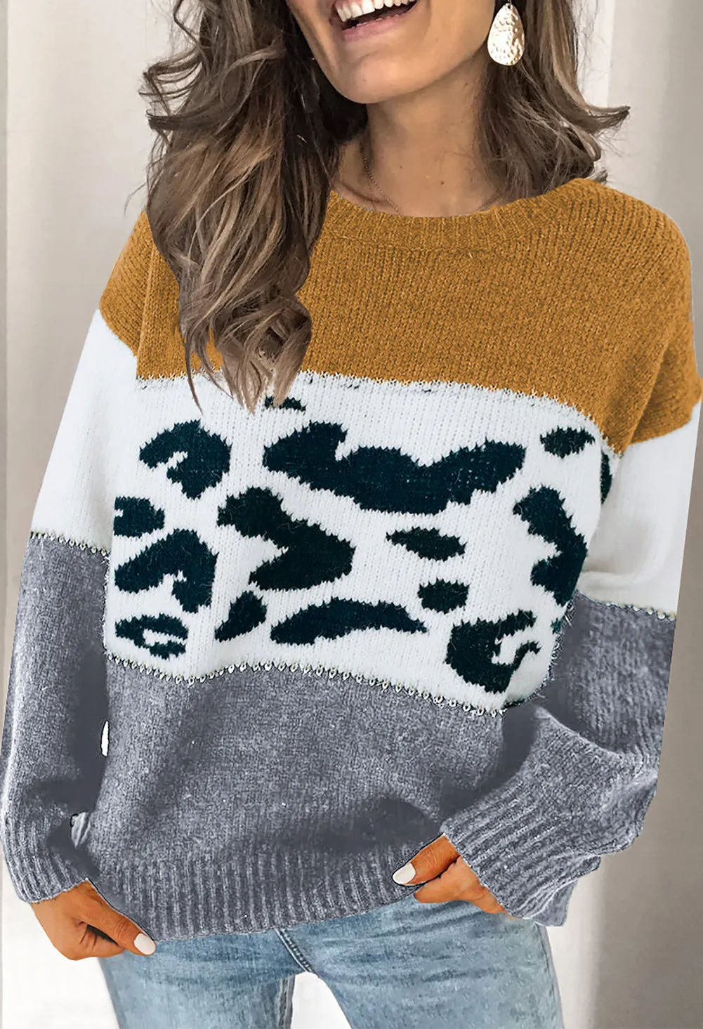 Color Block Leopard Splicing Sweater