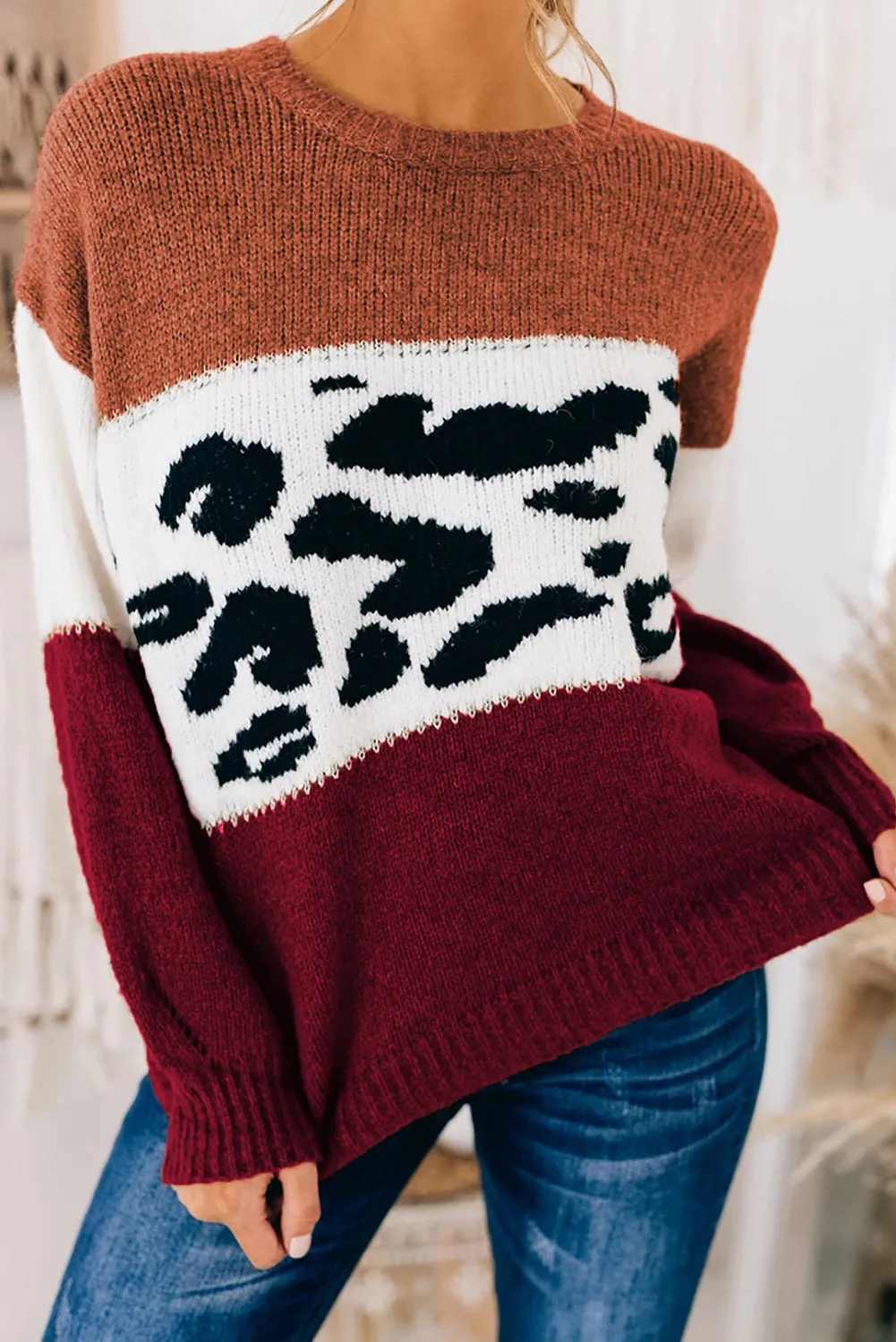 Color Block Leopard Splicing Sweater