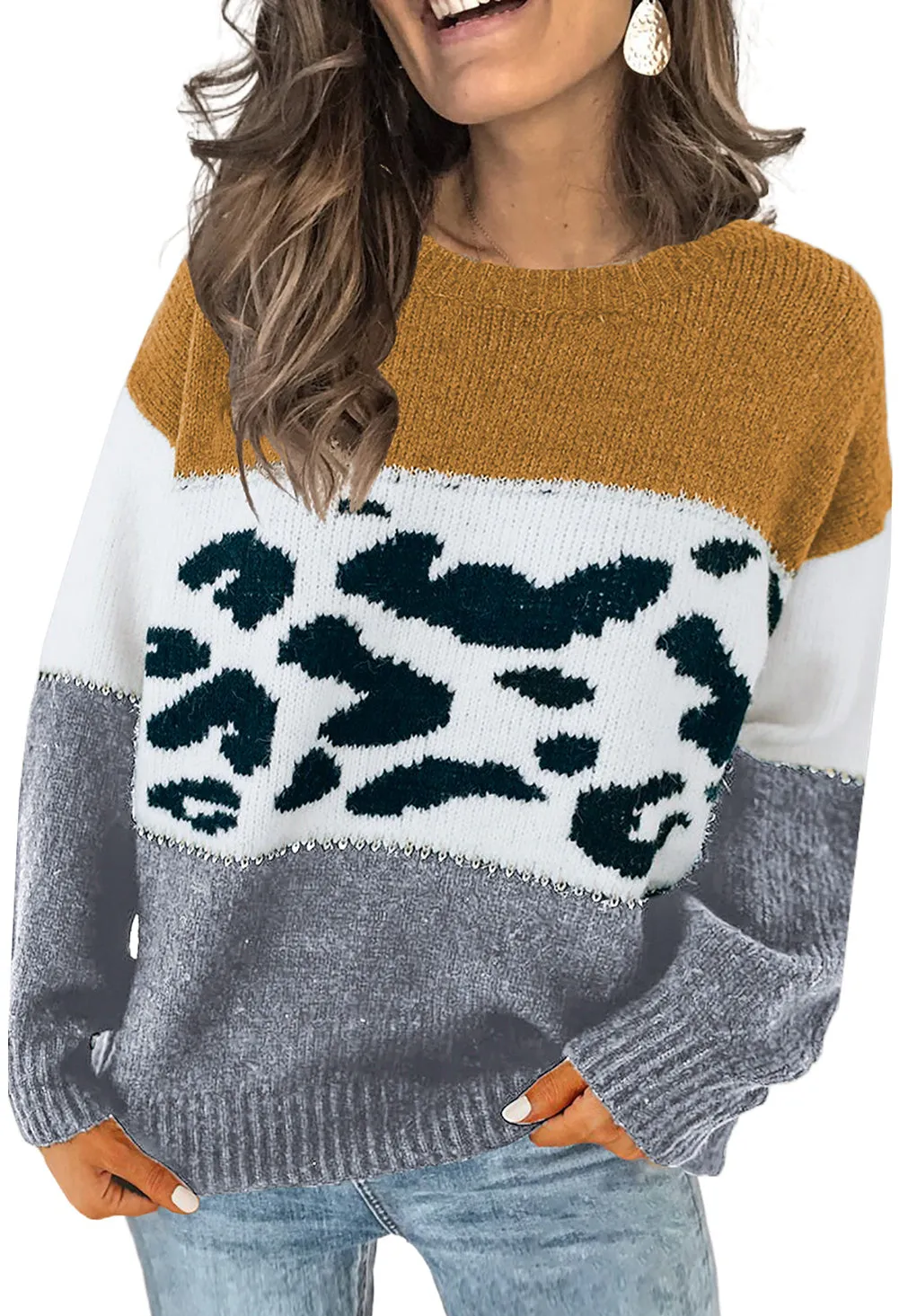 Color Block Leopard Splicing Sweater