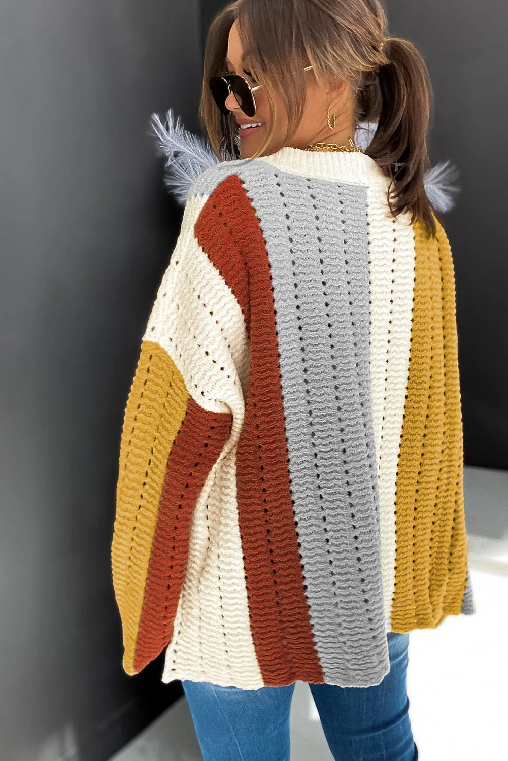 color Color Block Patchwork V Neck Knit Sweater