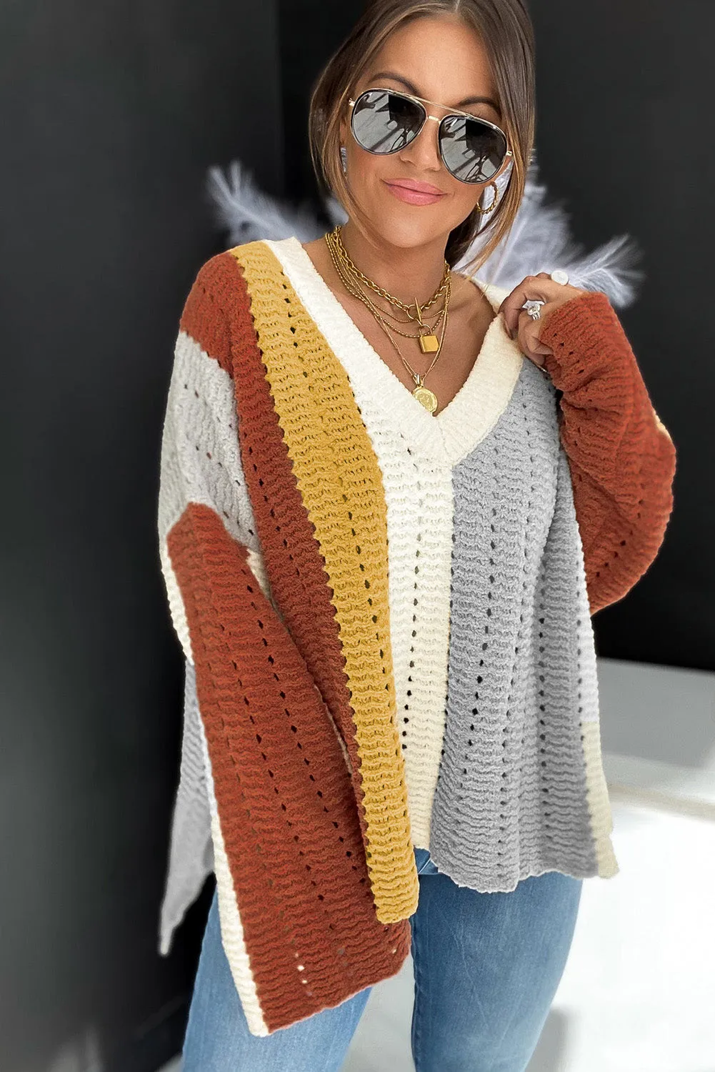 color Color Block Patchwork V Neck Knit Sweater