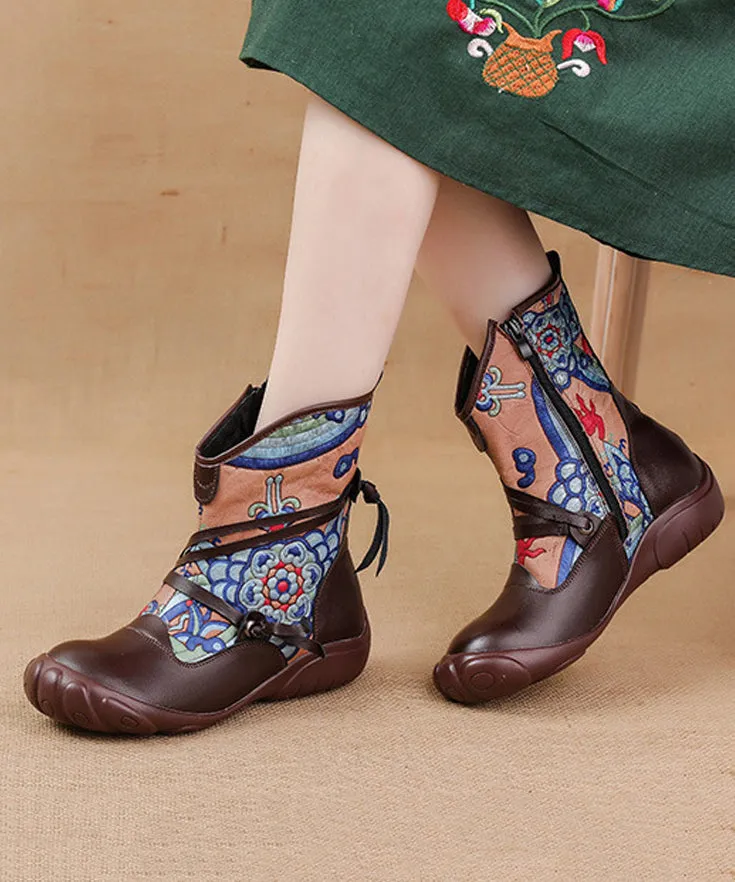 Comfortable Splicing Boots Black Retro Print Cowhide Leather ML1703