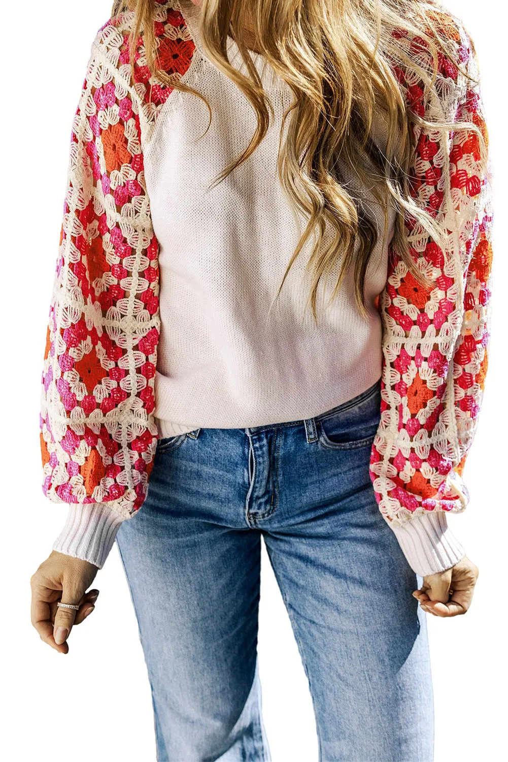 Crochet Puff Sleeve Contrast Knit Sweater