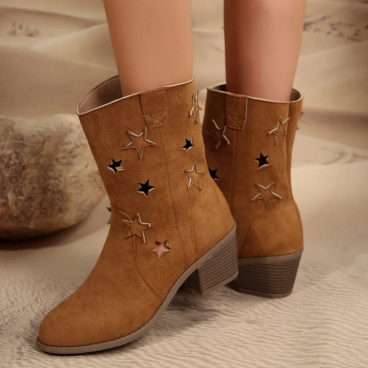 Fashion Mid-calf Boots With Hollow-stars Design Retro Pointed-toe Square Heel Western Boots Fall And Winter Shoes