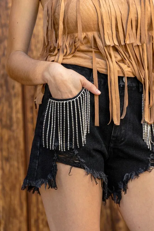 Frayed Rhinestone Denim Shorts