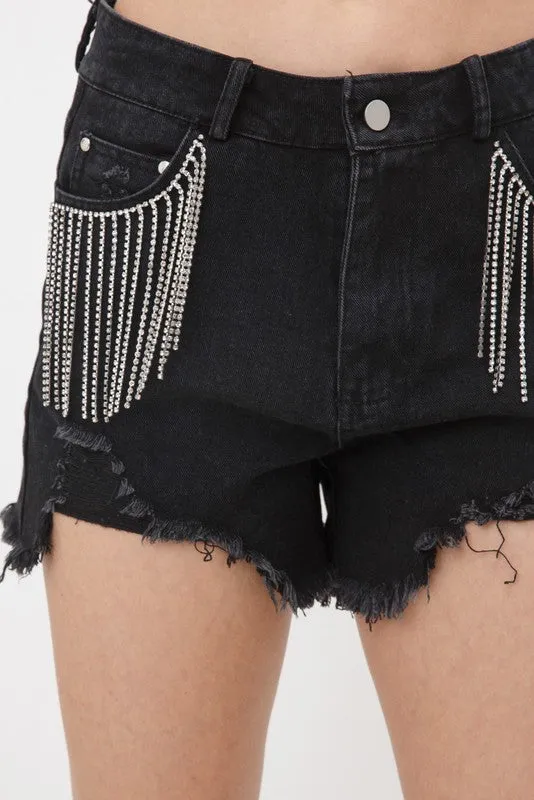 Frayed Rhinestone Denim Shorts