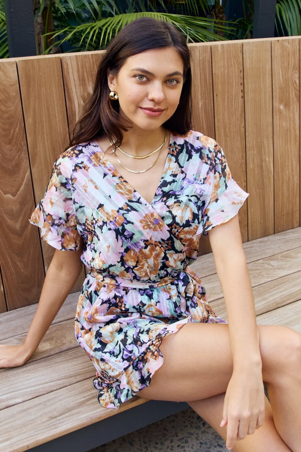 Full Size Floral Tie Belt Ruffled Romper