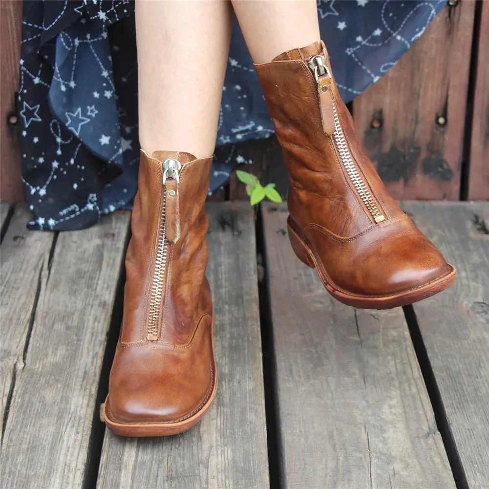 Handmade Leather Ankle Boots Comfortable Walking Round Martin Boots Brown/Black/Red/Beige/Grey