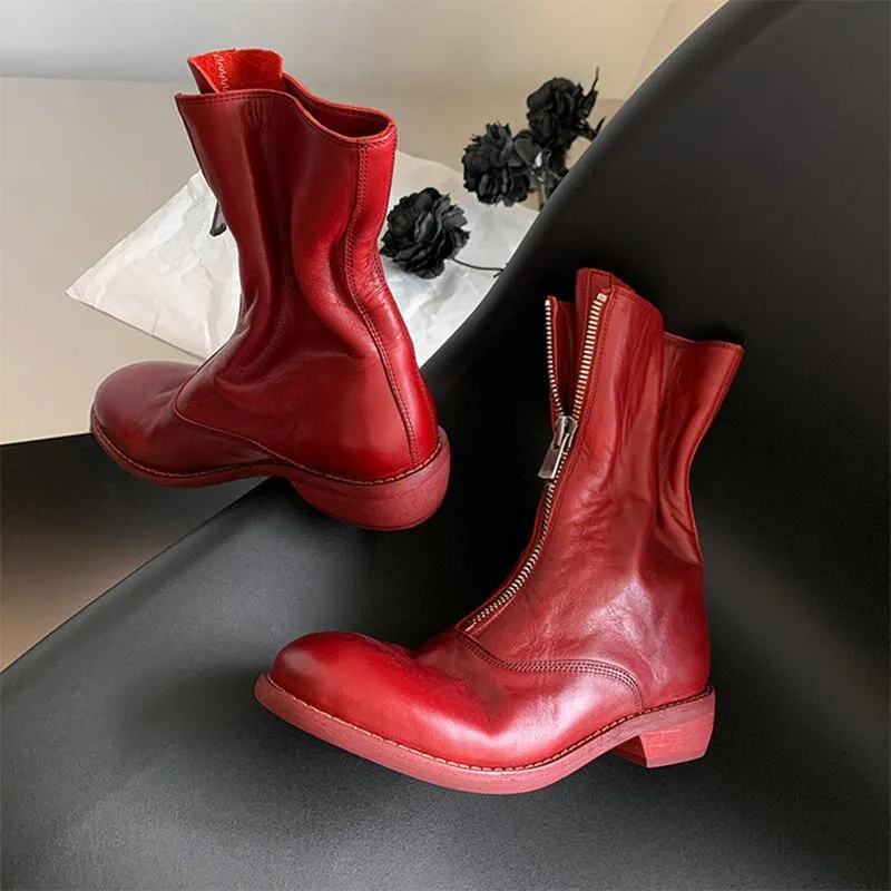 Handmade Leather Ankle Boots Comfortable Walking Round Martin Boots Brown/Black/Red/Beige/Grey