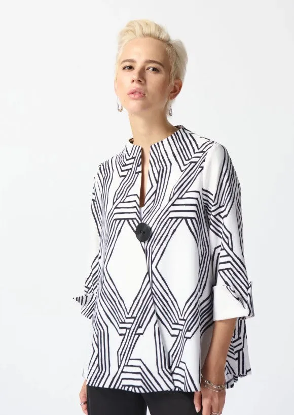 Joseph Ribkoff Vanilla/Black Geometric Line Print 3/4 Sleeves Swing Jacket 242185