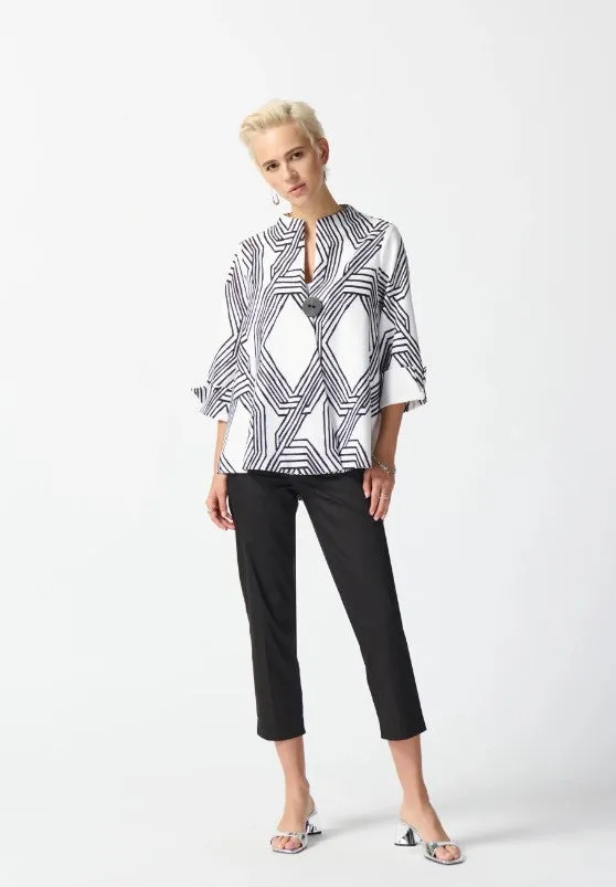 Joseph Ribkoff Vanilla/Black Geometric Line Print 3/4 Sleeves Swing Jacket 242185