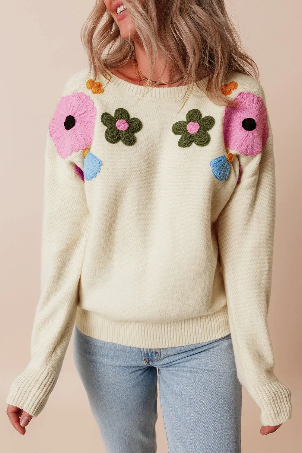 Knitted Flower Ribbed Edge Sweater