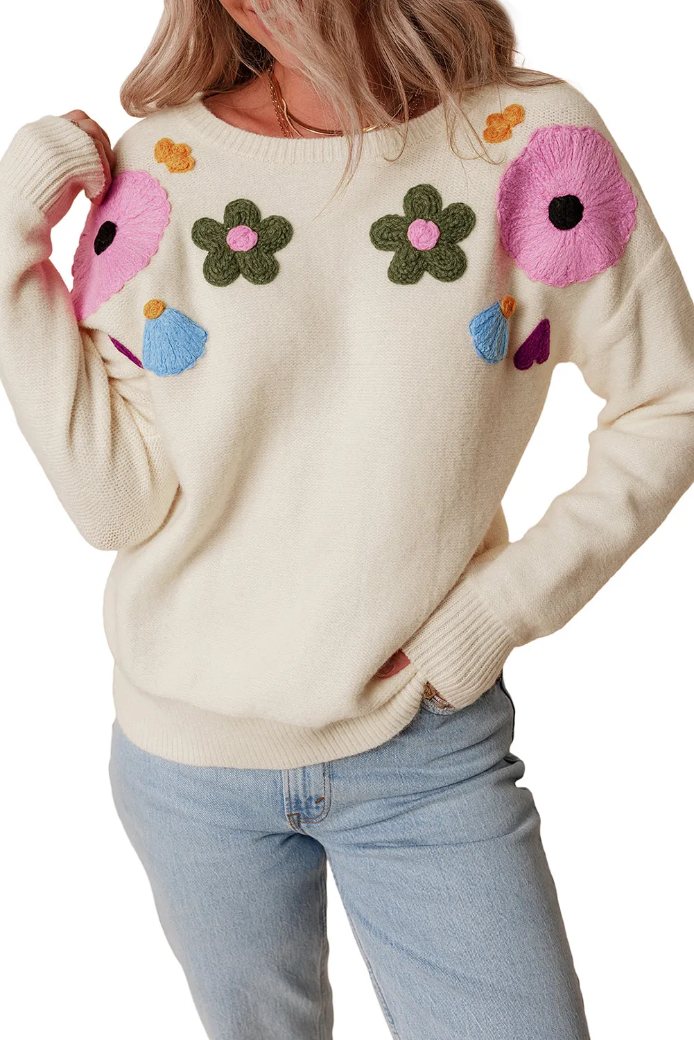 Knitted Flower Ribbed Edge Sweater