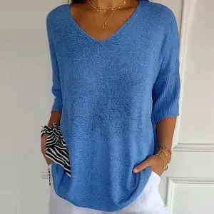 Knitted Medium Shoet Sleeve V-neck Casual Top