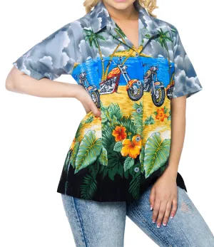 LA LEELA Women's Beach Blouse Button Down Relaxed Camp Casual Shirt Hibiscus