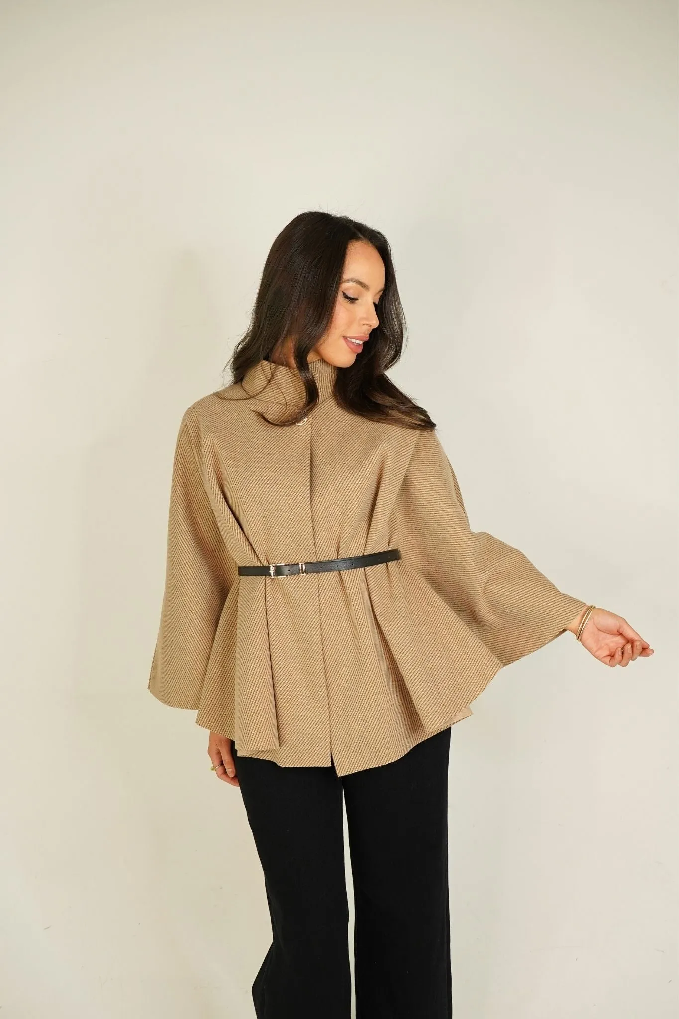 Leah Belted Cape Jacket In Camel