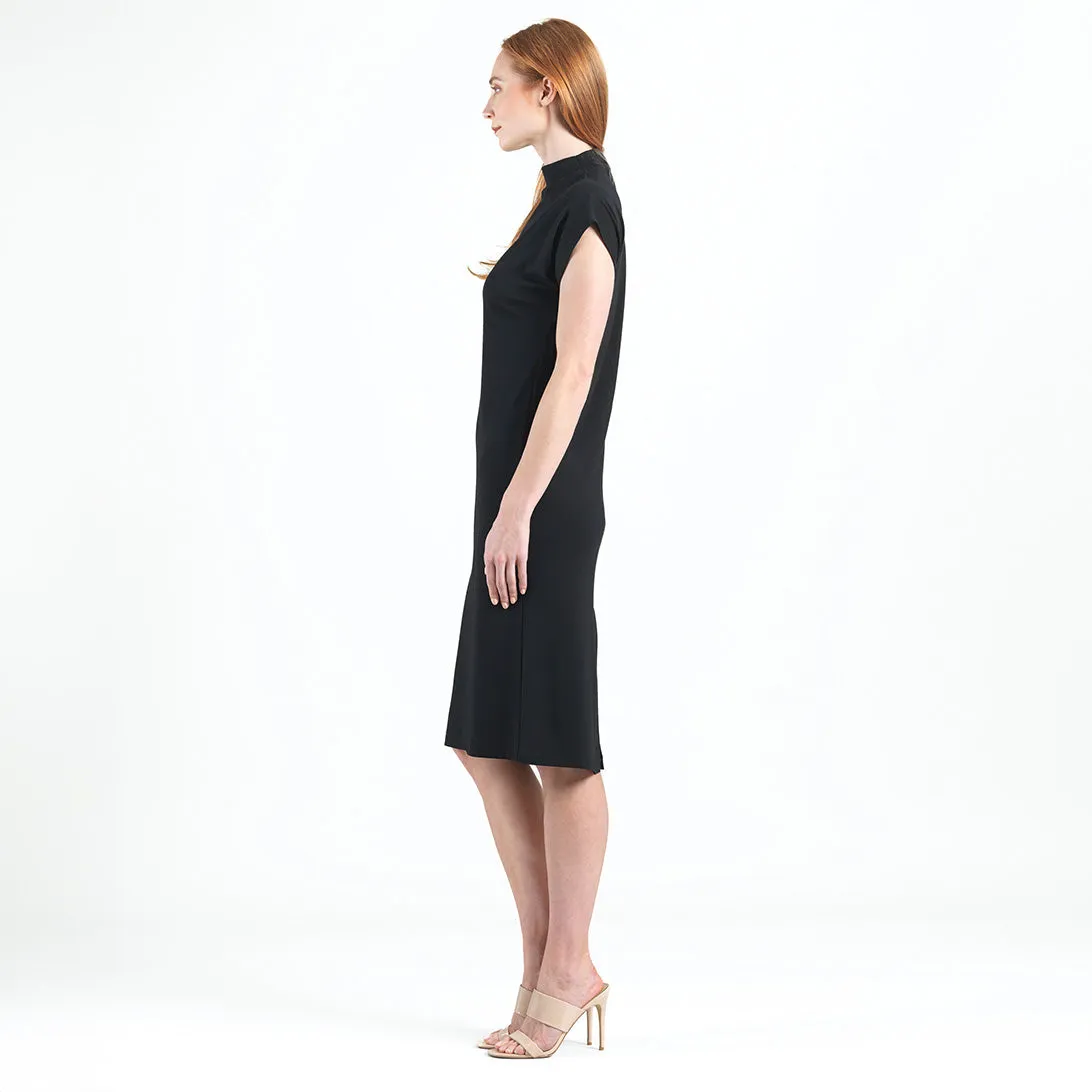 Lightweight Ponte - High Neck Cap Sleeve Midi Dress - Black - Final Sale!