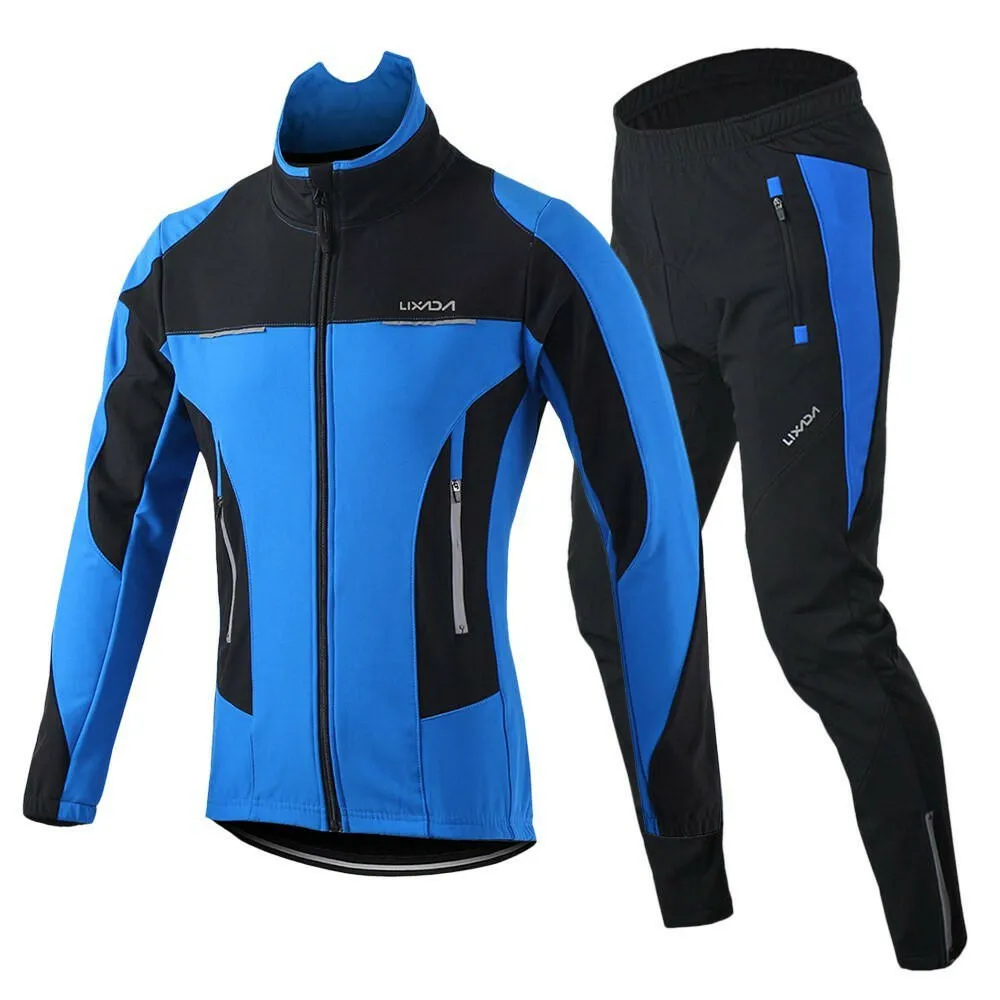 Lixada Men Winter Cycling Clothing Set Windproof Long Sleeve Cycling Jersey Coat Jacket with 3D Padded Pants Trousers