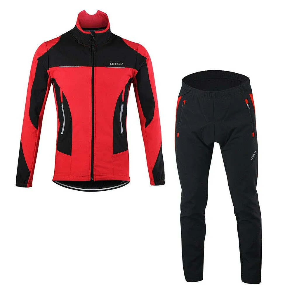 Lixada Men Winter Cycling Clothing Set Windproof Long Sleeve Cycling Jersey Coat Jacket with 3D Padded Pants Trousers