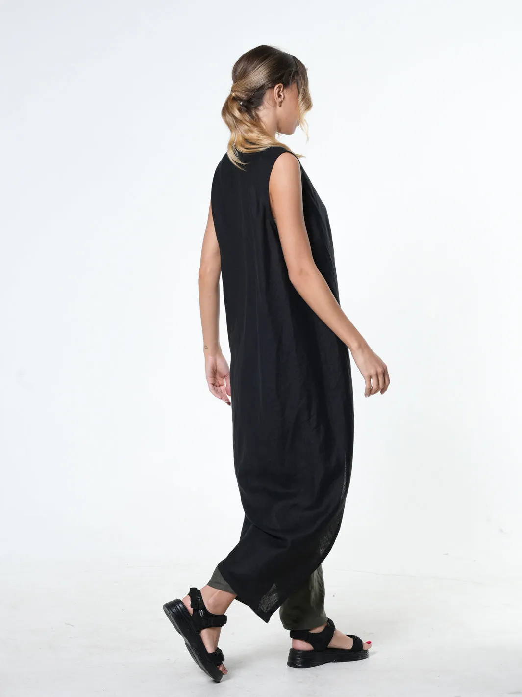 Long Linen Tunic Top In Black