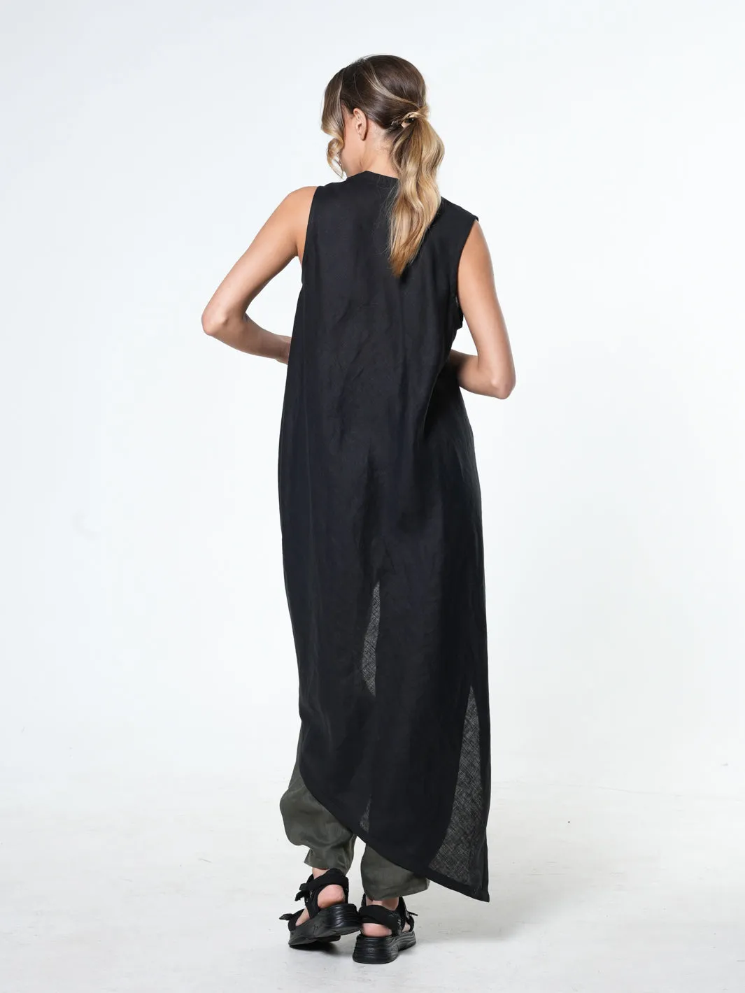 Long Linen Tunic Top In Black