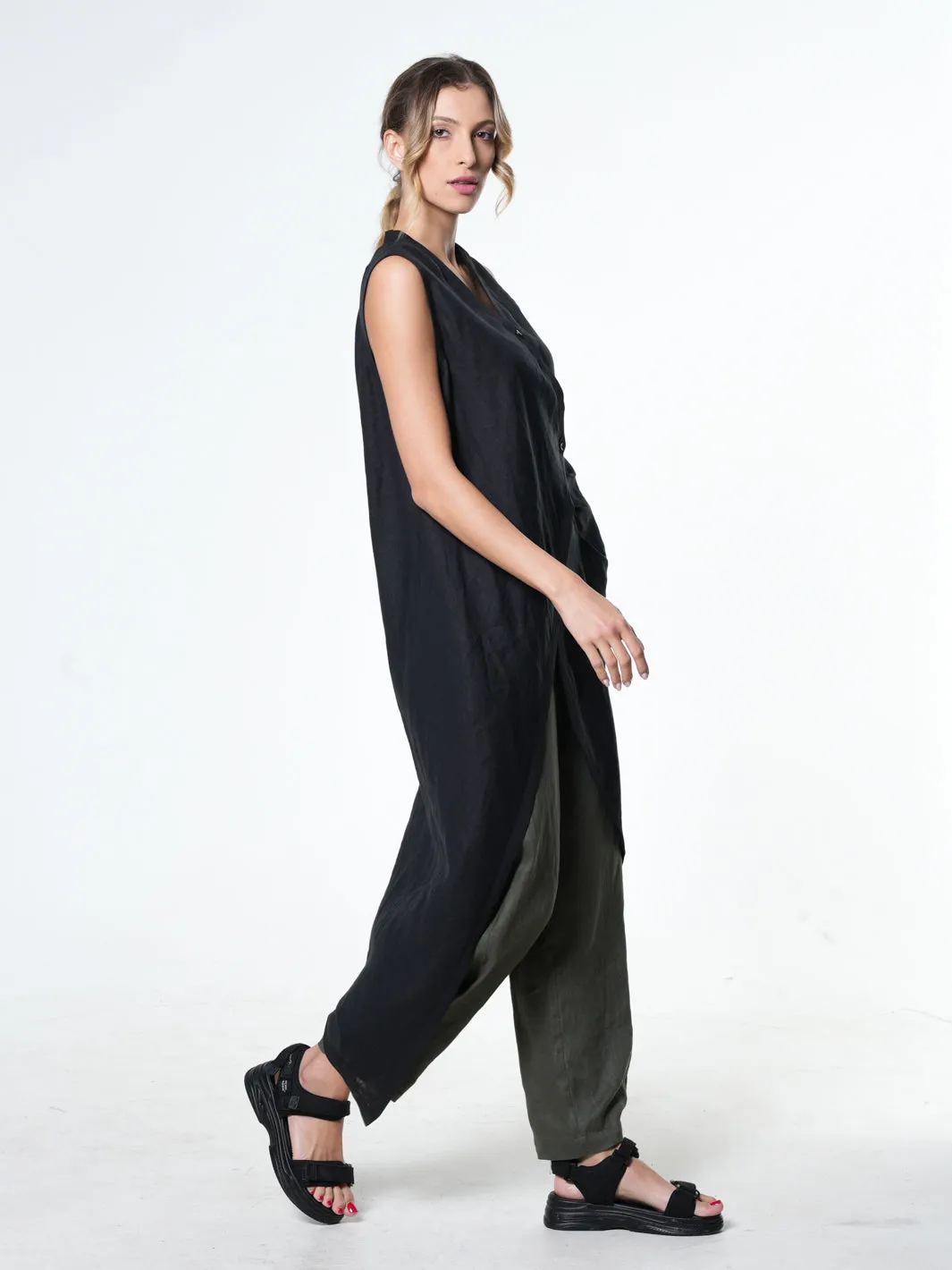 Long Linen Tunic Top In Black