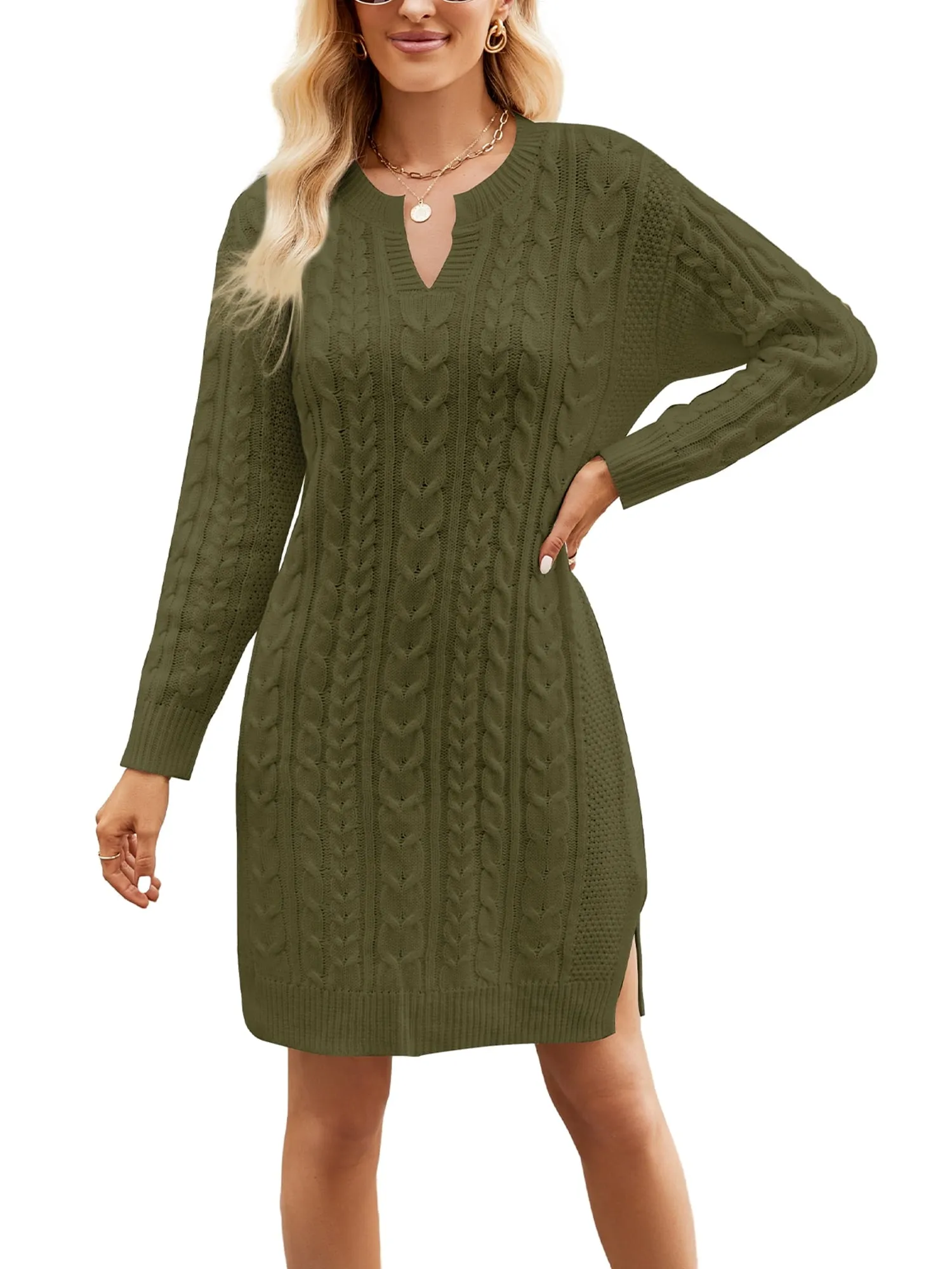 Long Sleeve Split Mini Knitted Cable Dress