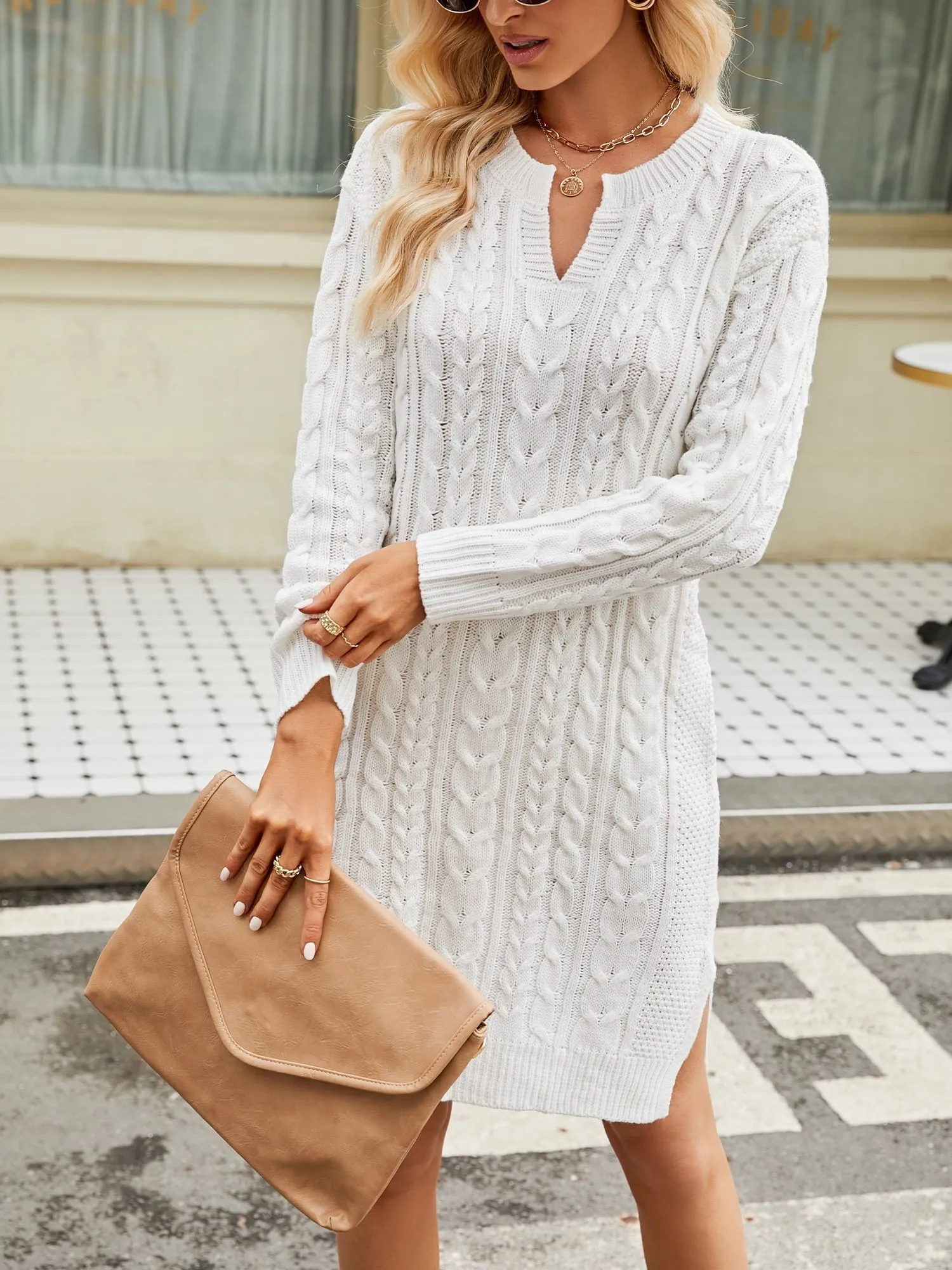 Long Sleeve Split Mini Knitted Cable Dress