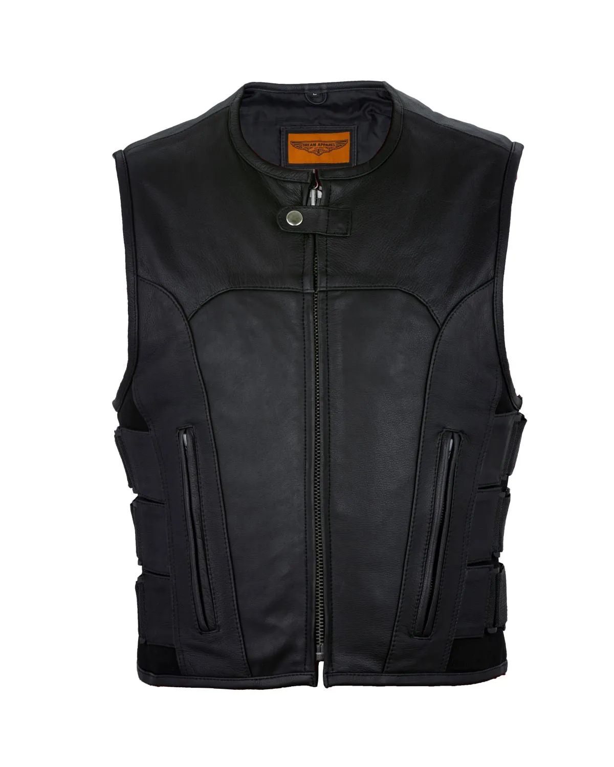 Men's Black Leather Bullet Proof Replica Vest with 3 Straps on sides