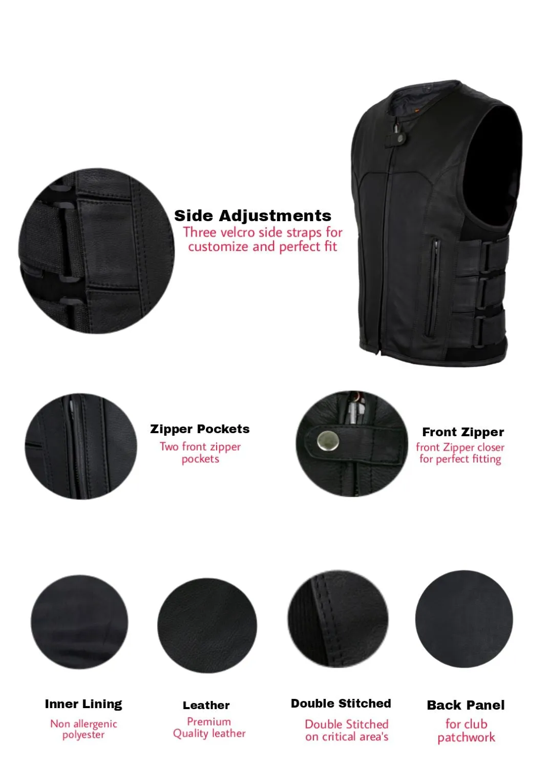 Men's Black Leather Bullet Proof Replica Vest with 3 Straps on sides