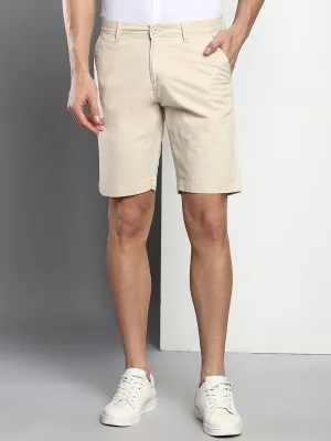 Men's Cream Slim Fit Mid Rise Casual Cotton Shorts