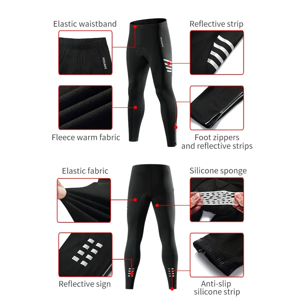 Mens Winter Fleece Cycling Pants Warm Up Bicycle Pant Cushion MTB Ride Bike Trousers Outdoor Sports Reflective Tights