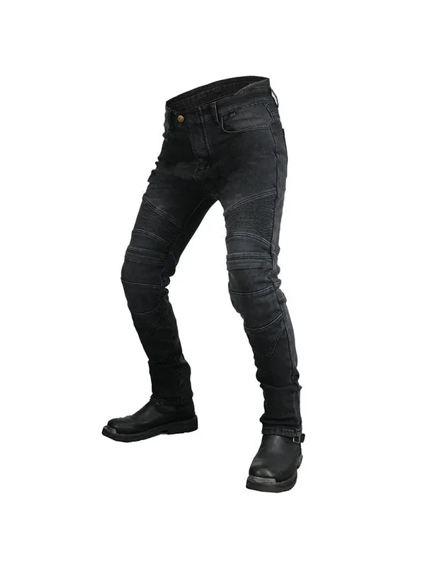 Men’s Winter Fleece-Lined Retro Slim-Fit Denim Motorcycle Pants with Knee & Hip Protectors