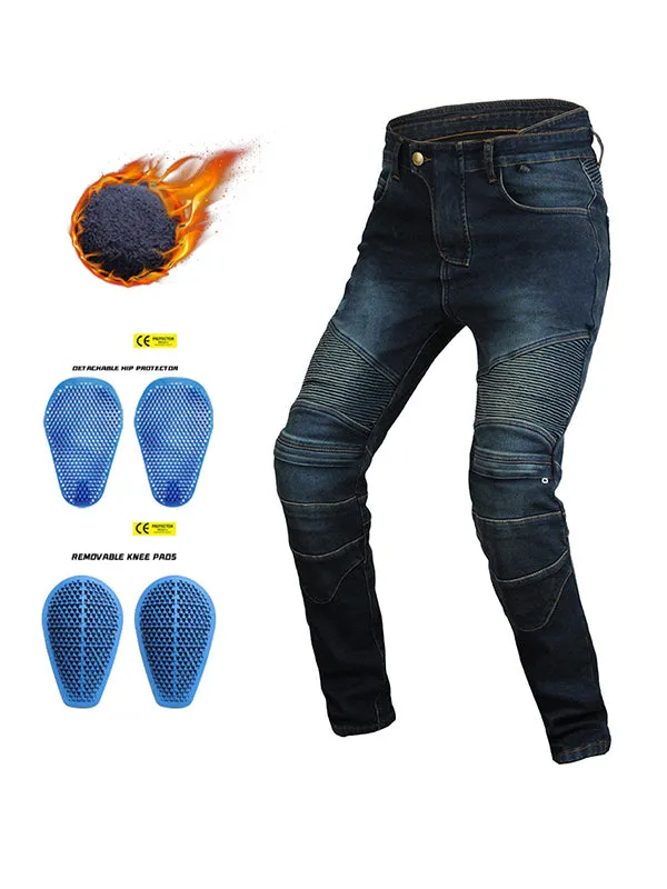 Men’s Winter Fleece-Lined Retro Slim-Fit Denim Motorcycle Pants with Knee & Hip Protectors