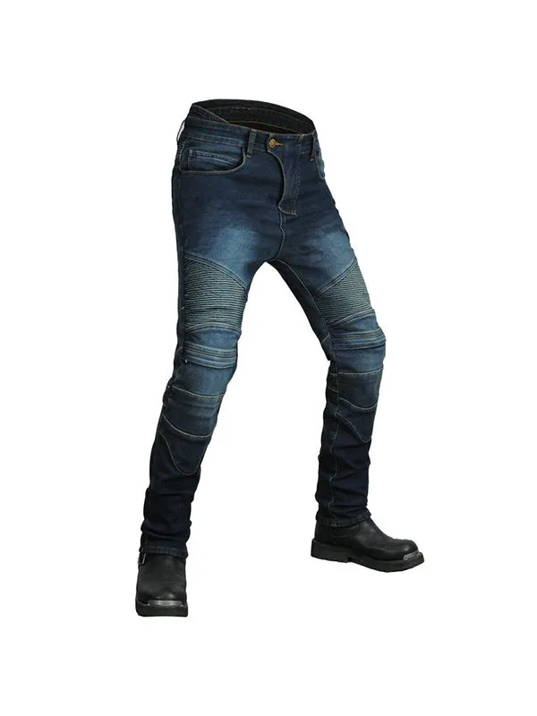 Men’s Winter Fleece-Lined Retro Slim-Fit Denim Motorcycle Pants with Knee & Hip Protectors