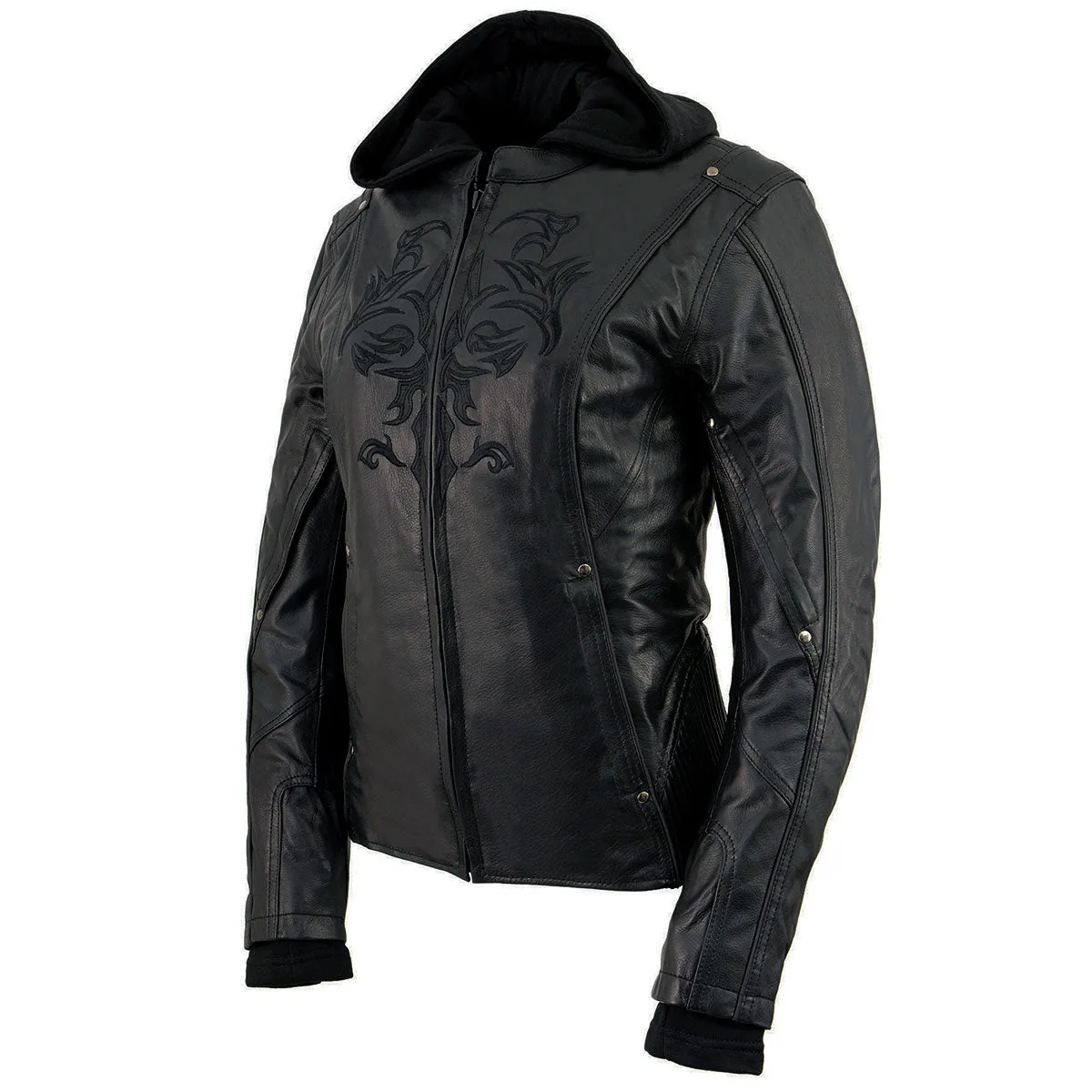 Milwaukee Leather ML2066 Women's 3/4 Black Leather Hoodie Jacket with Reflective Tribal Design