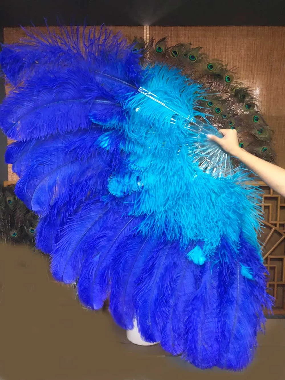 Mix blue & royal blue XL 2 Layer Ostrich Feather Fan 34''x 60'' with Travel leather Bag