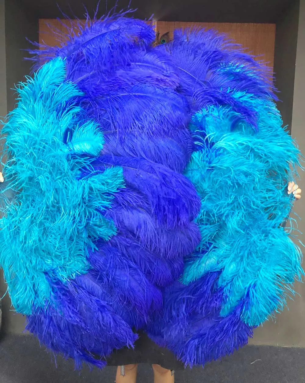 Mix blue & royal blue XL 2 Layer Ostrich Feather Fan 34''x 60'' with Travel leather Bag