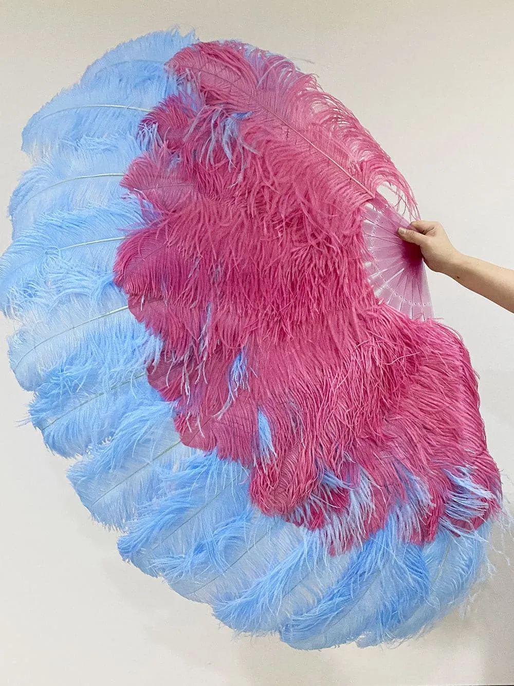 Mix sky blue & Burgundy XL 2 Layer Ostrich Feather Fan 34''x 60'' with Travel leather Bag