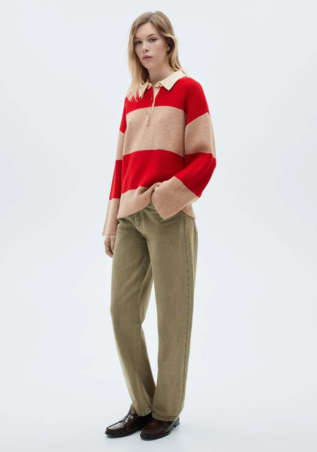 Striped polo-neck sweater - Red