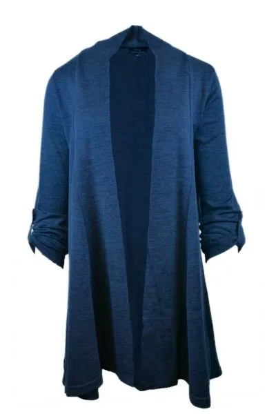 TAB SLEEVE 100% MERINO EDGE TO EDGE A-LINE CARDIGAN TWILIGHT