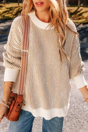 Textured Knit Contrast Edge Loose Sweater